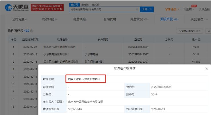 字節(jié)跳動“狗頭大作戰(zhàn)小游戲”V2.0軟件版權(quán)獲登記批準